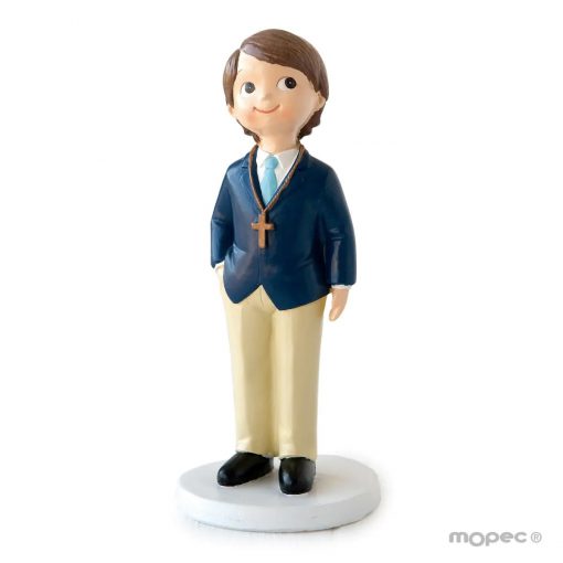 figura para tarta de comunion niño con chaqueta azul y rosario